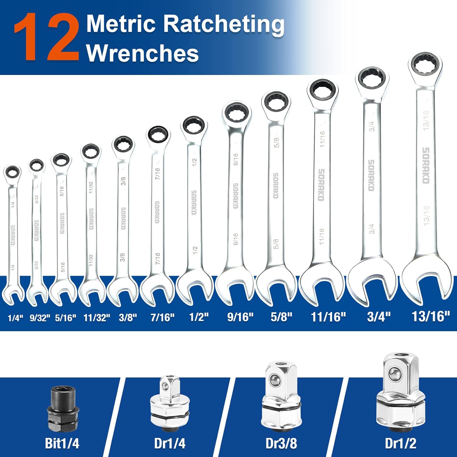 SORAKO 12 Piece Ratcheting Wrench Set, SAE 1/4-13/16 Chrome Vanadium Steel Wrenches, Combination Wrench Set for Car Repair and Household Equipment Repair with Handbag