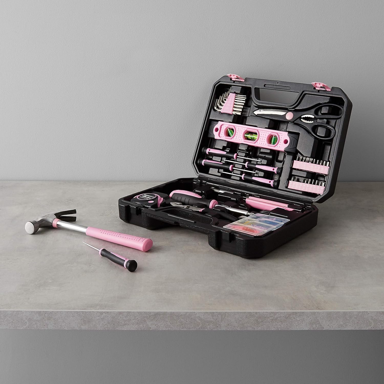 Amazon Basics Household Tool Kit With Storage Case, 142 Piece, Pink, 13.39 x 9.25 x 2.95 inch