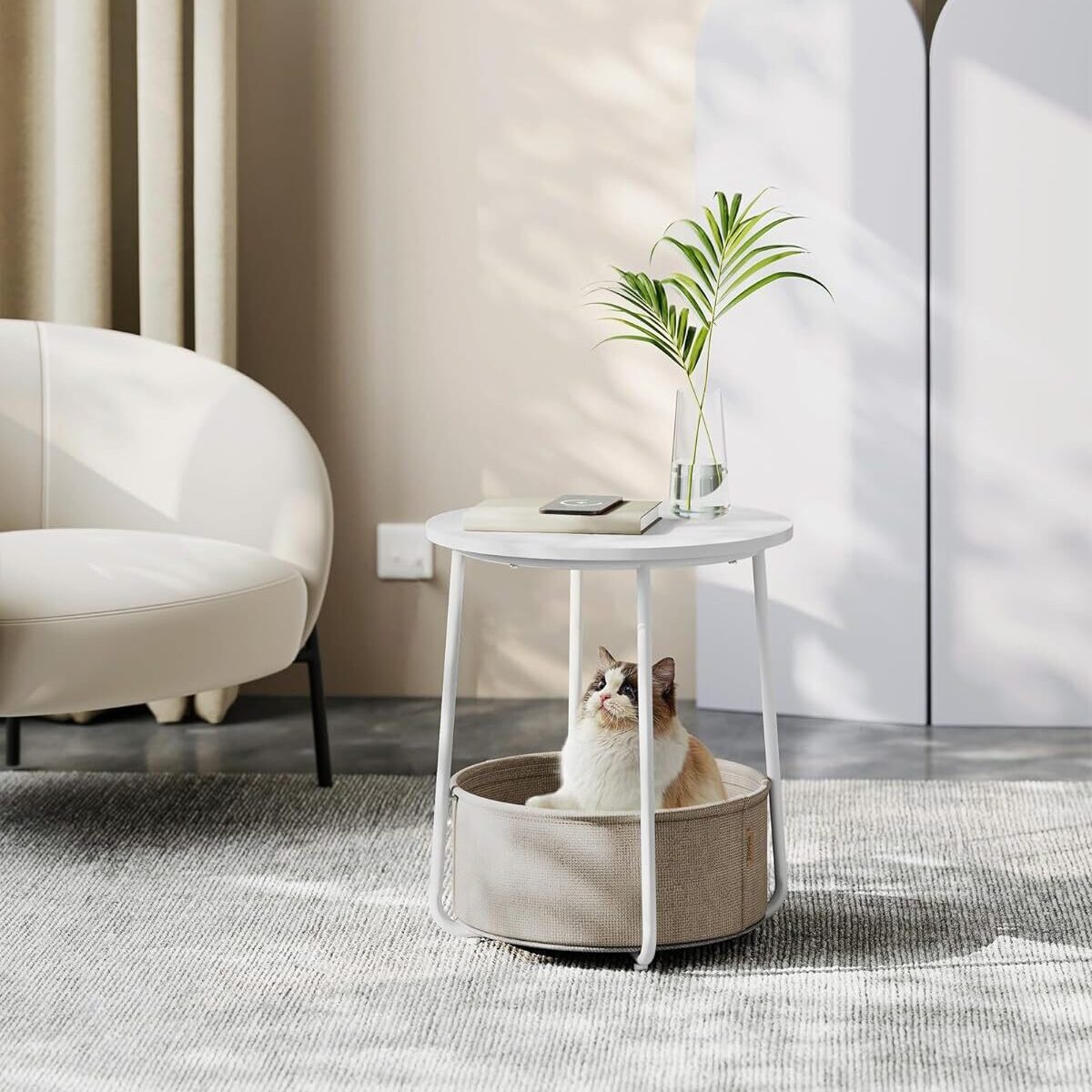 VASAGLE Small Round Side End Table, Modern Nightstand with Fabric Basket, Matte White and Camel Brown ULET223W10