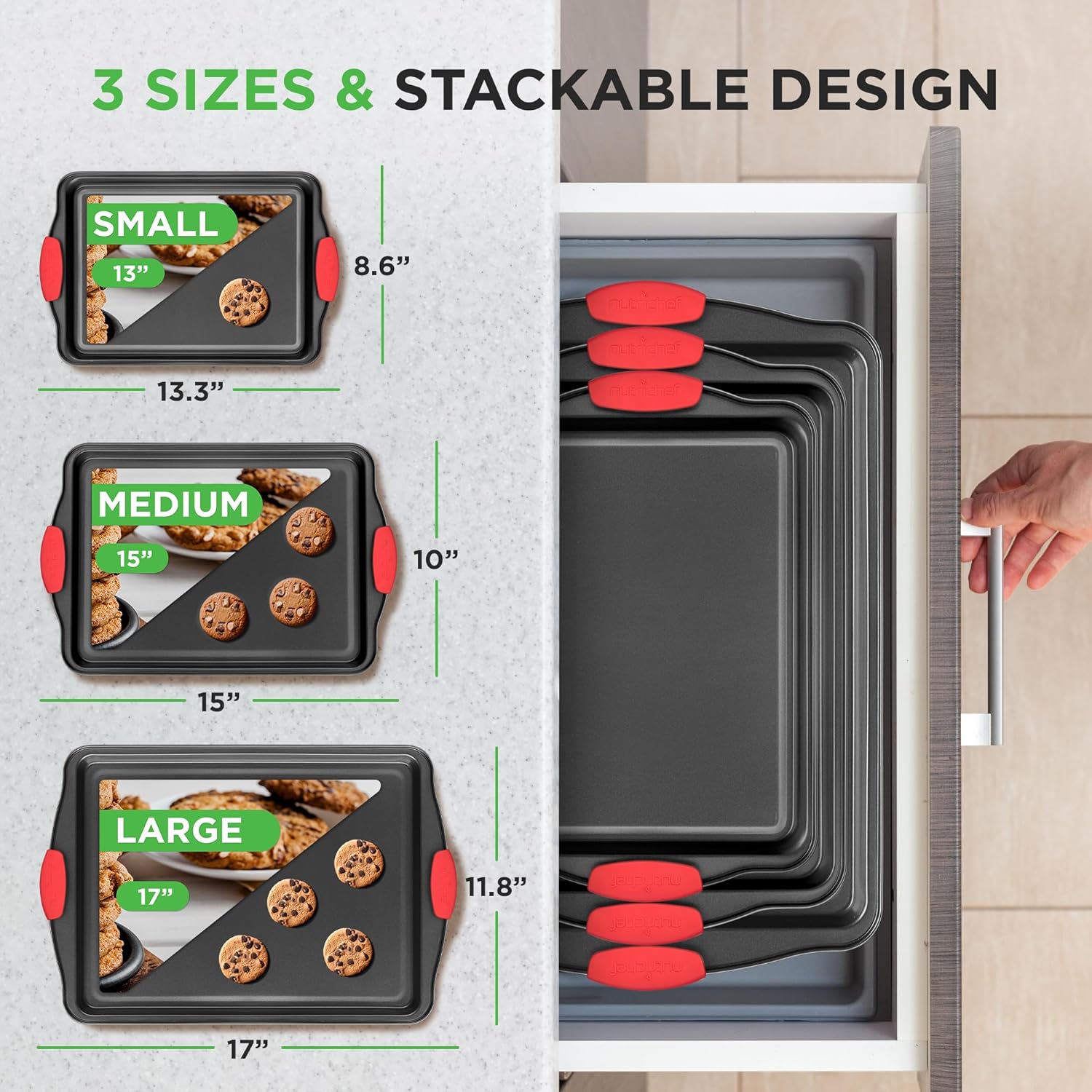 NutriChef 3-Piece Nonstick Kitchen Oven Baking Pans – Premium & Stylish Non-Stick Steel, Commercial Grade Restaurant Quality Metal Bakeware with Red Silicone Handles – Easy to Clean, NCSBS3S