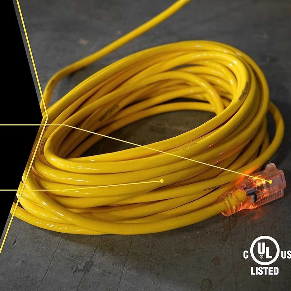 Yellow Jacket 2885 12/3 Heavy-Duty 15-Amp Premium SJTW Contractor Extension Cord with Lighted End; Ideal use With Heavy Duty Equipment and Tools; Durable Molded Plugs; 100 Feet; Yellow