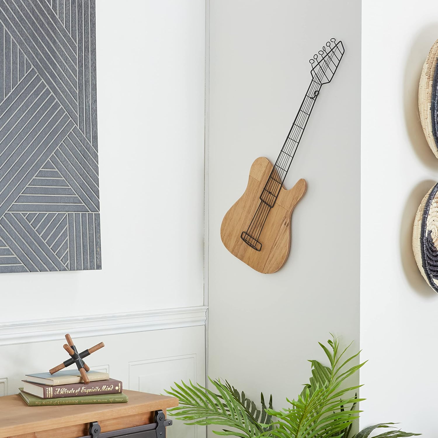 Deco 79 Wooden Guitar Home Wall Decor Wall Sculpture, Wall Art 2″ x 11″ x 31″, Brown